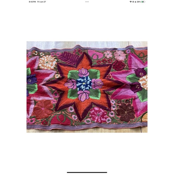 Antique Table Runner 90”x15” Vibrant Colors Intricate Embroidery Floral and Star - Picture 4 of 12